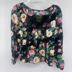 Love Glam Girl Floral Print Top Black Pink Yellow Long Sleeve Boho Blouse‎